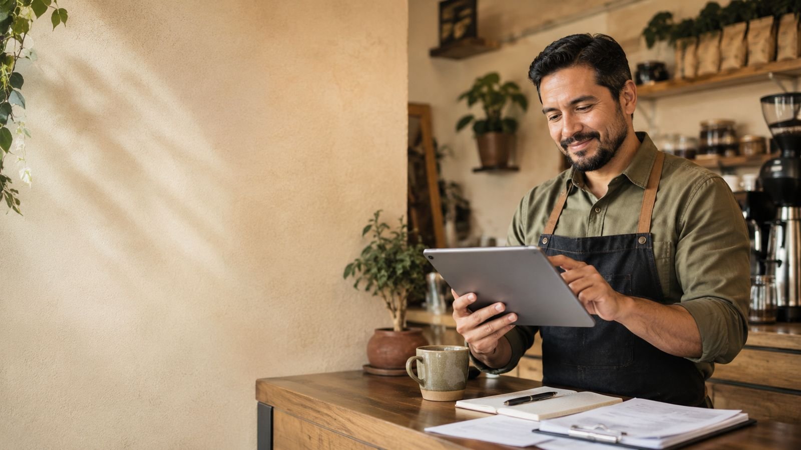 Dueño de negocio revisando sus números en una tablet