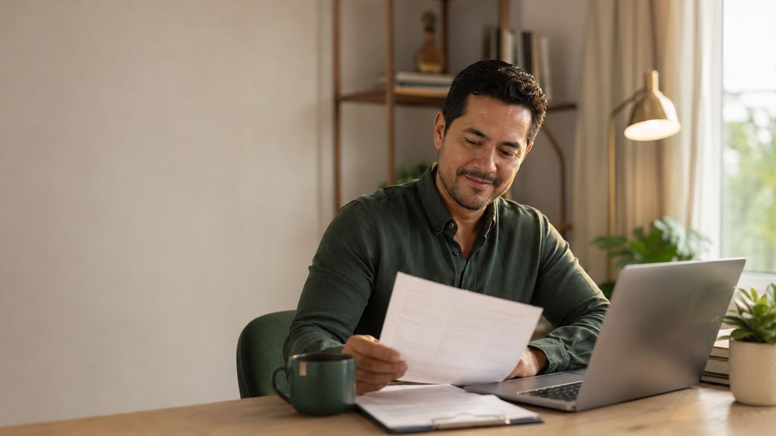 Hombre revisando sus documentos de impuestos en casa